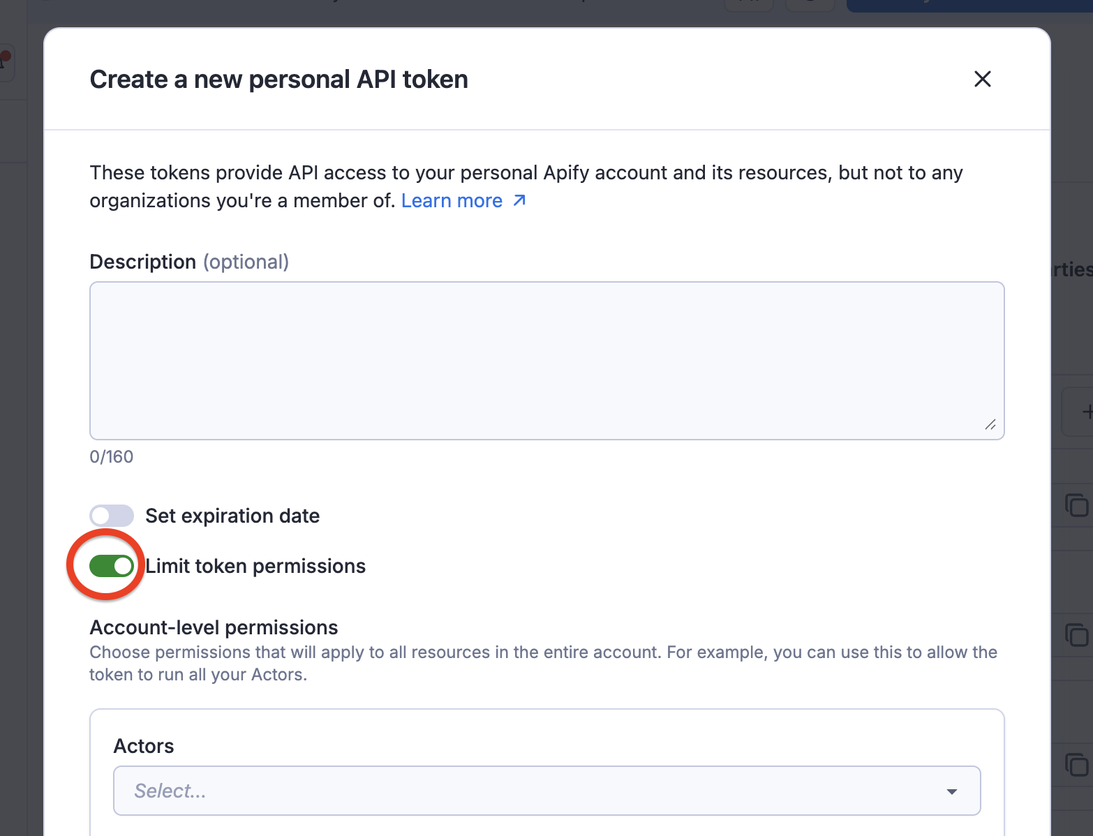 Toggle "Limit token permissions" to make a token scoped