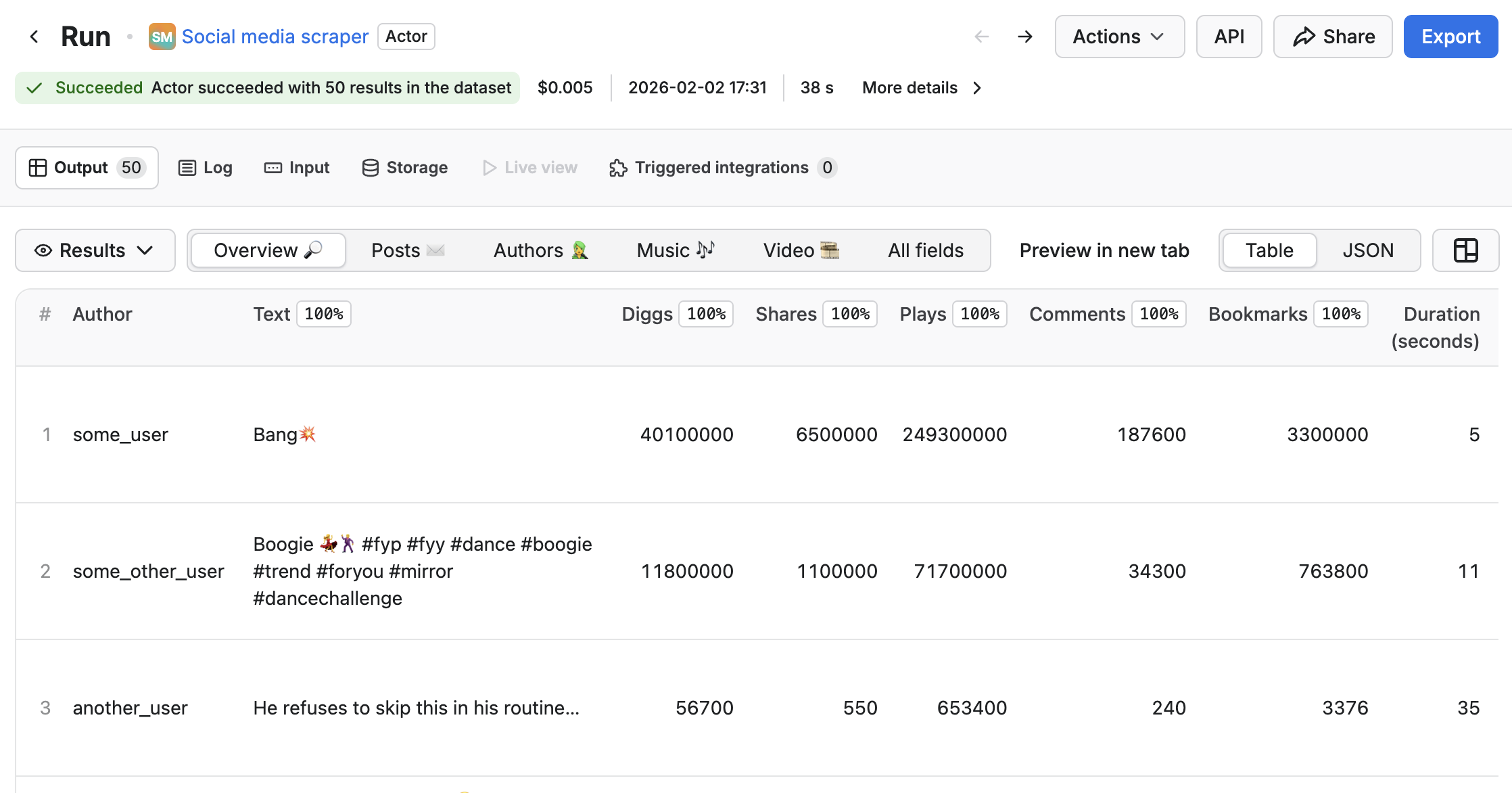 Video files in Output tab
